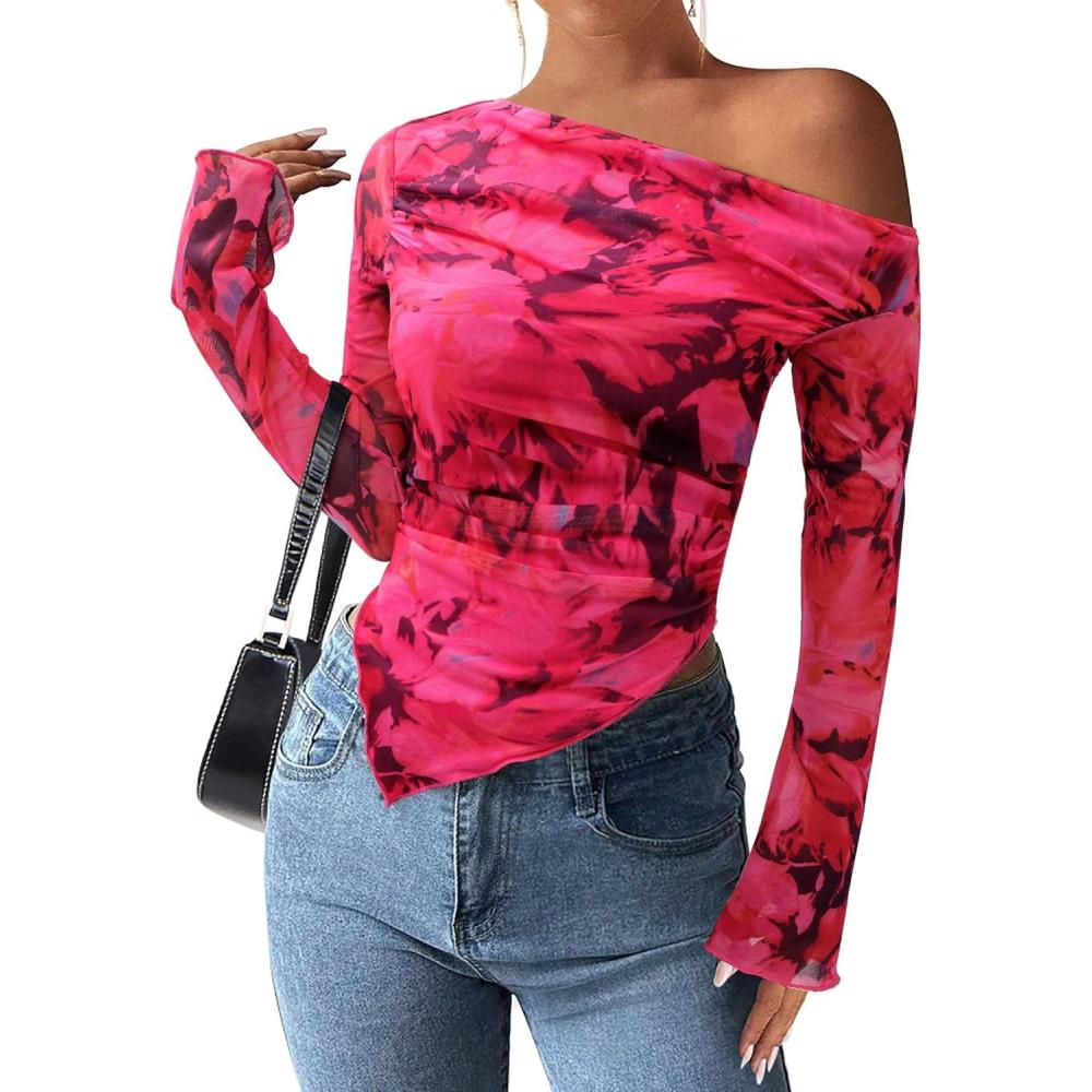 imagePRETTYGARDEN Womens Fall Trendy Off Shoulder Y2k Tops 2025 Tie Dye Mesh Long Sleeve Shirts Asymmetrical Ruched Floral BlouseFloral Rose Red