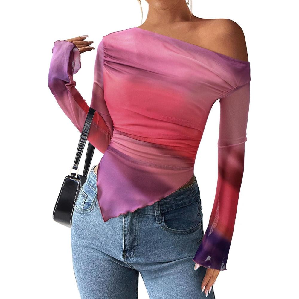 imagePRETTYGARDEN Womens Fall Trendy Off Shoulder Y2k Tops 2025 Tie Dye Mesh Long Sleeve Shirts Asymmetrical Ruched Floral BlouseMulticolour Print