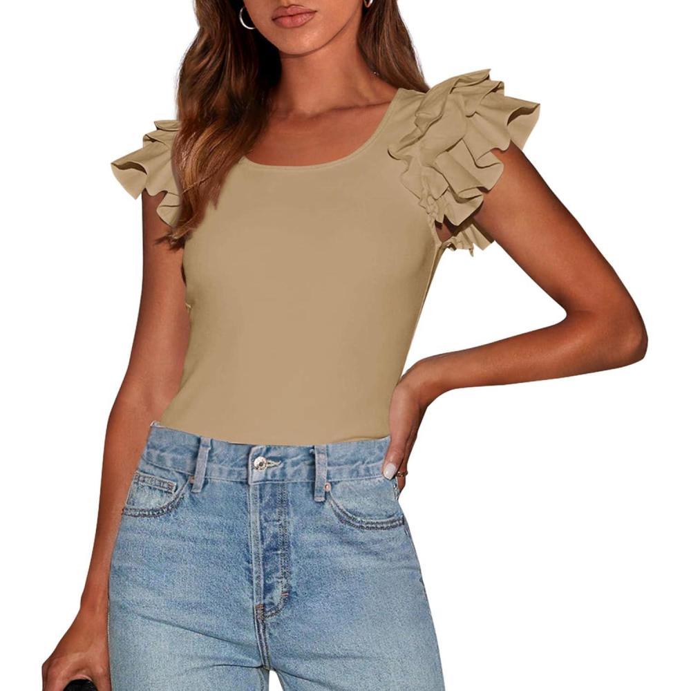 imagePRETTYGARDEN Womens Ruffle Short Sleeve Shirts 2025 Summer Casual Basic Tee Cute Fitted Crew Neck Fashion Tops ClothesKhaki