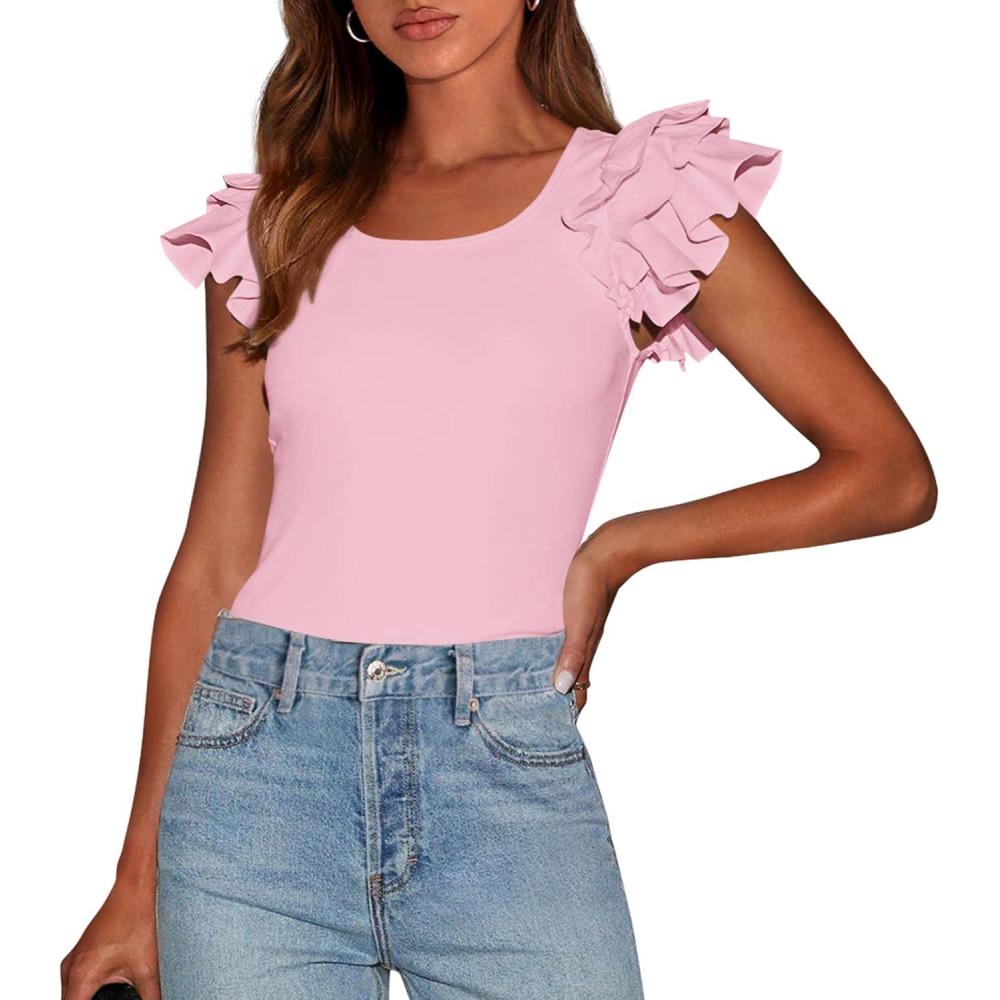 imagePRETTYGARDEN Womens Ruffle Short Sleeve Shirts 2025 Summer Casual Basic Tee Cute Fitted Crew Neck Fashion Tops ClothesLight Pink