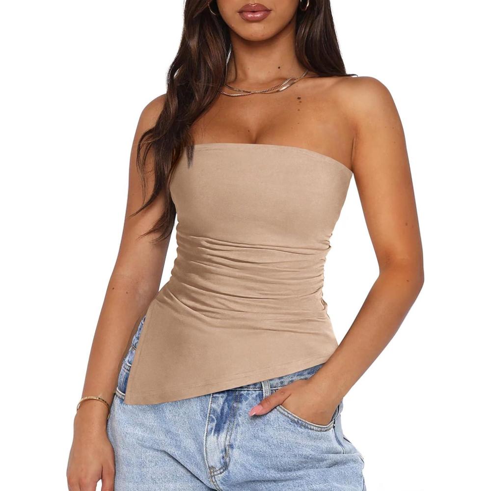 imagePRETTYGARDEN Womens Summer Tube Tops 2025 Trendy Strapless Ruched Going Out Tops Outfits Asymmetrical Bandeau ShirtsApricot