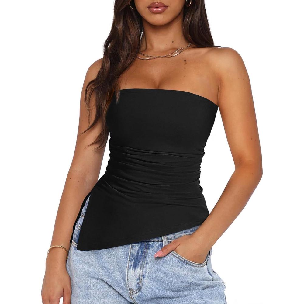 imagePRETTYGARDEN Womens Summer Tube Tops 2025 Trendy Strapless Ruched Going Out Tops Outfits Asymmetrical Bandeau ShirtsBlack