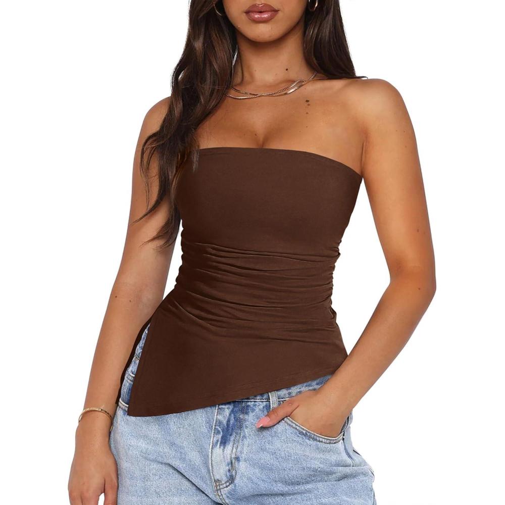 imagePRETTYGARDEN Womens Summer Tube Tops 2025 Trendy Strapless Ruched Going Out Tops Outfits Asymmetrical Bandeau ShirtsBrown