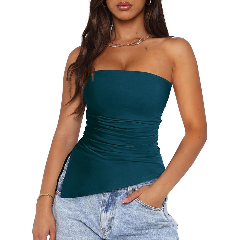 imagePRETTYGARDEN Womens Summer Tube Tops 2025 Trendy Strapless Ruched Going Out Tops Outfits Asymmetrical Bandeau ShirtsDark Blue