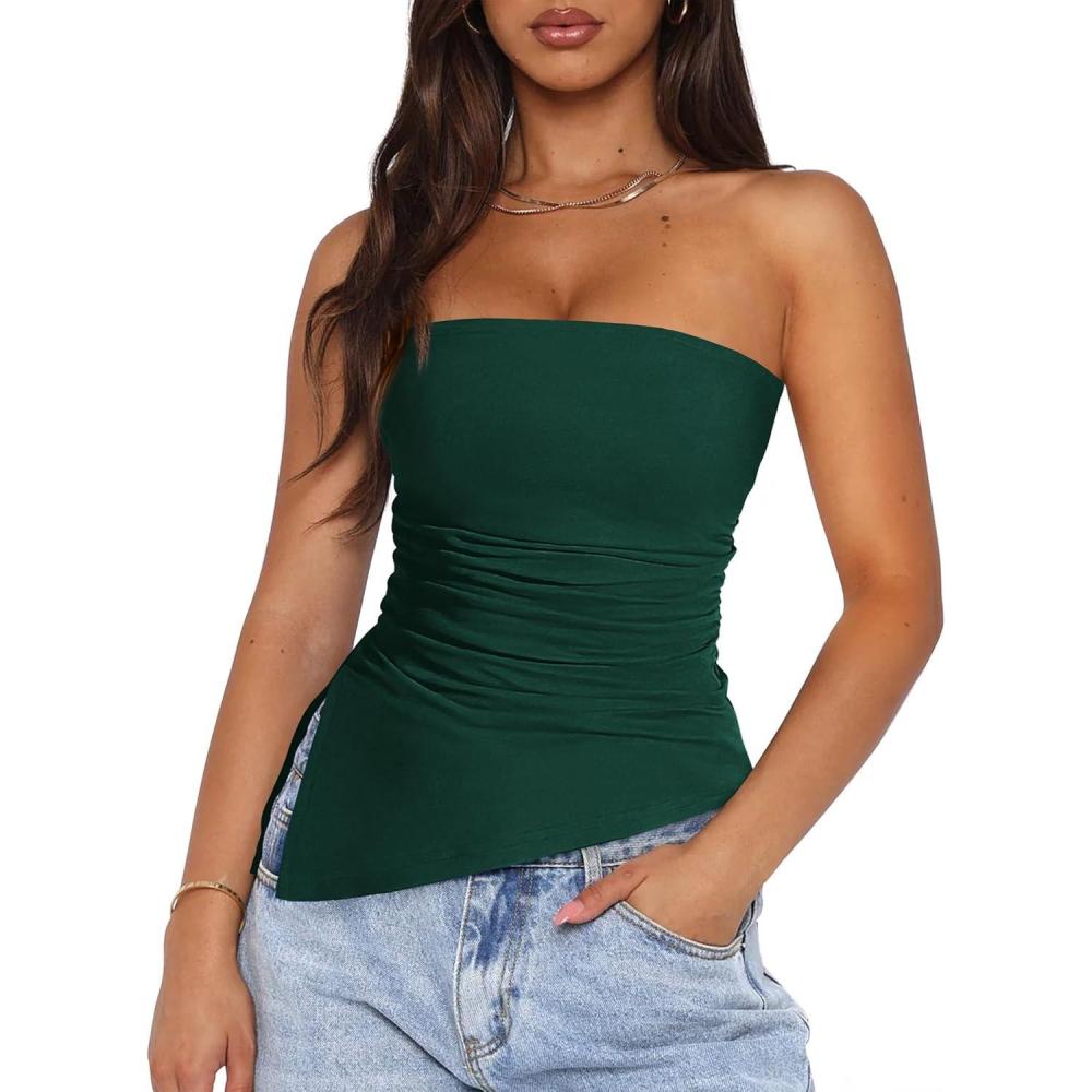 imagePRETTYGARDEN Womens Summer Tube Tops 2025 Trendy Strapless Ruched Going Out Tops Outfits Asymmetrical Bandeau ShirtsDark Green