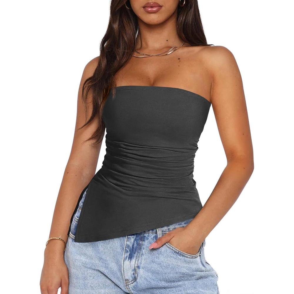imagePRETTYGARDEN Womens Summer Tube Tops 2025 Trendy Strapless Ruched Going Out Tops Outfits Asymmetrical Bandeau ShirtsDark Grey