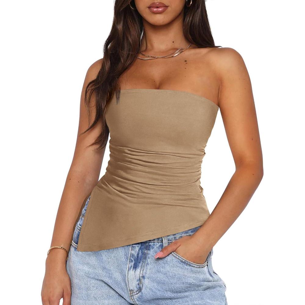 imagePRETTYGARDEN Womens Summer Tube Tops 2025 Trendy Strapless Ruched Going Out Tops Outfits Asymmetrical Bandeau ShirtsKhaki