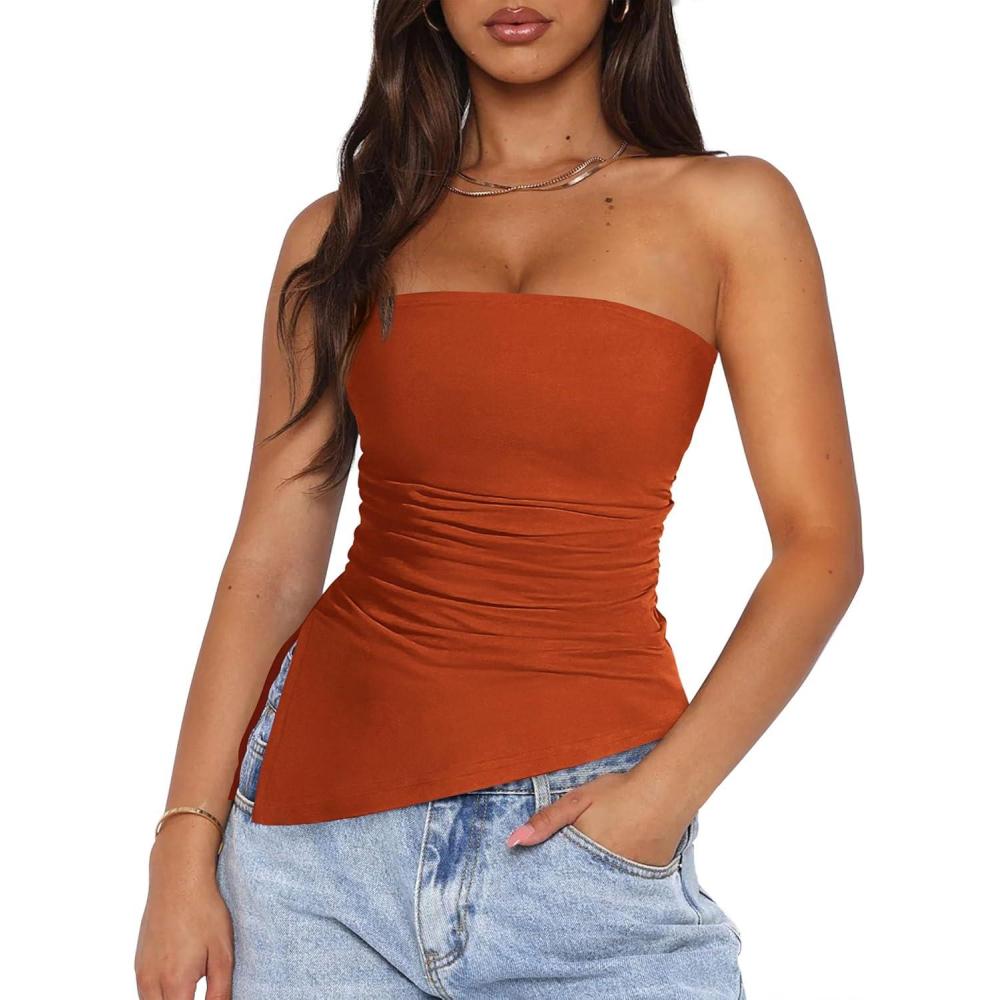 imagePRETTYGARDEN Womens Summer Tube Tops 2025 Trendy Strapless Ruched Going Out Tops Outfits Asymmetrical Bandeau ShirtsRust Red