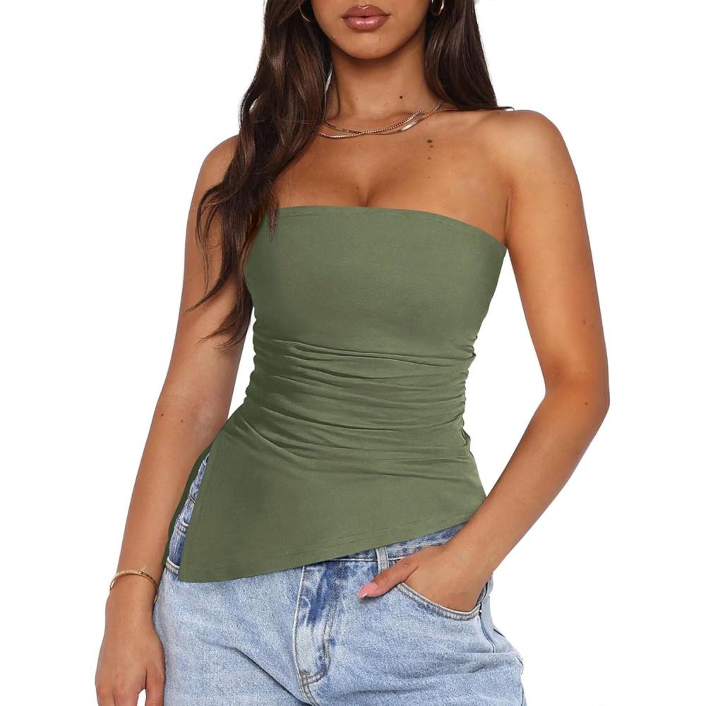 imagePRETTYGARDEN Womens Summer Tube Tops 2025 Trendy Strapless Ruched Going Out Tops Outfits Asymmetrical Bandeau ShirtsSage Green