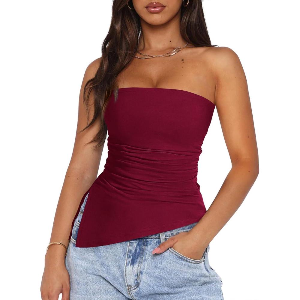 imagePRETTYGARDEN Womens Summer Tube Tops 2025 Trendy Strapless Ruched Going Out Tops Outfits Asymmetrical Bandeau ShirtsWine Red