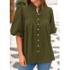 imagePRETTYGARDEN Womens 2025 Summer Short Lantern Sleeve Tops Loose Fit Button Down Shirt Pleated V Neck Blouses Trendy ClothesArmy Green