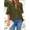 imagePRETTYGARDEN Womens 2025 Summer Short Lantern Sleeve Tops Loose Fit Button Down Shirt Pleated V Neck Blouses Trendy ClothesArmy Green