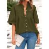 imagePRETTYGARDEN Womens 2025 Summer Short Lantern Sleeve Tops Loose Fit Button Down Shirt Pleated V Neck Blouses Trendy ClothesArmy Green
