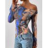 imagePRETTYGARDEN Womens Fall Trendy Off Shoulder Y2k Tops 2025 Tie Dye Mesh Long Sleeve Shirts Asymmetrical Ruched Floral BlouseBlue Watercolour