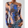 imagePRETTYGARDEN Womens Fall Trendy Off Shoulder Y2k Tops 2025 Tie Dye Mesh Long Sleeve Shirts Asymmetrical Ruched Floral BlouseBlue Watercolour