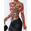 imagePRETTYGARDEN Womens Fall Trendy Off Shoulder Y2k Tops 2025 Tie Dye Mesh Long Sleeve Shirts Asymmetrical Ruched Floral BlouseFloral Black Multicolored