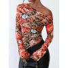 imagePRETTYGARDEN Womens Fall Trendy Off Shoulder Y2k Tops 2025 Tie Dye Mesh Long Sleeve Shirts Asymmetrical Ruched Floral BlouseFloral Black Multicolored