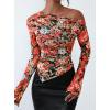 imagePRETTYGARDEN Womens Fall Trendy Off Shoulder Y2k Tops 2025 Tie Dye Mesh Long Sleeve Shirts Asymmetrical Ruched Floral BlouseFloral Black Multicolored