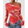 imagePRETTYGARDEN Womens Fall Trendy Off Shoulder Y2k Tops 2025 Tie Dye Mesh Long Sleeve Shirts Asymmetrical Ruched Floral BlouseFloral Brick Red