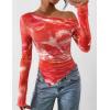 imagePRETTYGARDEN Womens Fall Trendy Off Shoulder Y2k Tops 2025 Tie Dye Mesh Long Sleeve Shirts Asymmetrical Ruched Floral BlouseFloral Brick Red