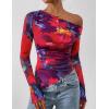 imagePRETTYGARDEN Womens Fall Trendy Off Shoulder Y2k Tops 2025 Tie Dye Mesh Long Sleeve Shirts Asymmetrical Ruched Floral BlouseFloral Navy Red