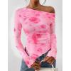 imagePRETTYGARDEN Womens Fall Trendy Off Shoulder Y2k Tops 2025 Tie Dye Mesh Long Sleeve Shirts Asymmetrical Ruched Floral BlouseFloral Pink Red