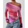 imagePRETTYGARDEN Womens Fall Trendy Off Shoulder Y2k Tops 2025 Tie Dye Mesh Long Sleeve Shirts Asymmetrical Ruched Floral BlouseMulticolour Print