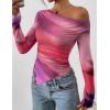 imagePRETTYGARDEN Womens Fall Trendy Off Shoulder Y2k Tops 2025 Tie Dye Mesh Long Sleeve Shirts Asymmetrical Ruched Floral BlouseMulticolour Print