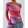 imagePRETTYGARDEN Womens Fall Trendy Off Shoulder Y2k Tops 2025 Tie Dye Mesh Long Sleeve Shirts Asymmetrical Ruched Floral BlouseMulticolour Print