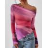 imagePRETTYGARDEN Womens Fall Trendy Off Shoulder Y2k Tops 2025 Tie Dye Mesh Long Sleeve Shirts Asymmetrical Ruched Floral BlouseMulticolour Print