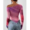 imagePRETTYGARDEN Womens Fall Trendy Off Shoulder Y2k Tops 2025 Tie Dye Mesh Long Sleeve Shirts Asymmetrical Ruched Floral BlouseMulticolour Print
