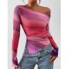 imagePRETTYGARDEN Womens Fall Trendy Off Shoulder Y2k Tops 2025 Tie Dye Mesh Long Sleeve Shirts Asymmetrical Ruched Floral BlouseMulticolour Print