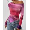 imagePRETTYGARDEN Womens Fall Trendy Off Shoulder Y2k Tops 2025 Tie Dye Mesh Long Sleeve Shirts Asymmetrical Ruched Floral BlouseMulticolour Print