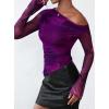 imagePRETTYGARDEN Womens Fall Trendy Off Shoulder Y2k Tops 2025 Tie Dye Mesh Long Sleeve Shirts Asymmetrical Ruched Floral BlousePrint Purple