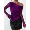 imagePRETTYGARDEN Womens Fall Trendy Off Shoulder Y2k Tops 2025 Tie Dye Mesh Long Sleeve Shirts Asymmetrical Ruched Floral BlousePrint Purple