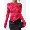 imagePRETTYGARDEN Womens Fall Trendy Off Shoulder Y2k Tops 2025 Tie Dye Mesh Long Sleeve Shirts Asymmetrical Ruched Floral BlouseRose Tan