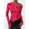 imagePRETTYGARDEN Womens Fall Trendy Off Shoulder Y2k Tops 2025 Tie Dye Mesh Long Sleeve Shirts Asymmetrical Ruched Floral BlouseRose Tan