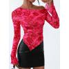imagePRETTYGARDEN Womens Fall Trendy Off Shoulder Y2k Tops 2025 Tie Dye Mesh Long Sleeve Shirts Asymmetrical Ruched Floral BlouseRose Tan