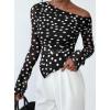 imagePRETTYGARDEN Womens Fall Trendy Off Shoulder Y2k Tops 2025 Tie Dye Mesh Long Sleeve Shirts Asymmetrical Ruched Floral BlouseSmall Dot Black