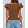 imagePRETTYGARDEN Womens Ruffle Short Sleeve Shirts 2025 Summer Casual Basic Tee Cute Fitted Crew Neck Fashion Tops ClothesBrown