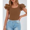 imagePRETTYGARDEN Womens Ruffle Short Sleeve Shirts 2025 Summer Casual Basic Tee Cute Fitted Crew Neck Fashion Tops ClothesBrown