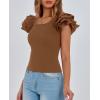 imagePRETTYGARDEN Womens Ruffle Short Sleeve Shirts 2025 Summer Casual Basic Tee Cute Fitted Crew Neck Fashion Tops ClothesBrown