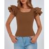 imagePRETTYGARDEN Womens Ruffle Short Sleeve Shirts 2025 Summer Casual Basic Tee Cute Fitted Crew Neck Fashion Tops ClothesBrown