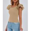 imagePRETTYGARDEN Womens Ruffle Short Sleeve Shirts 2025 Summer Casual Basic Tee Cute Fitted Crew Neck Fashion Tops ClothesKhaki