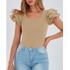 imagePRETTYGARDEN Womens Ruffle Short Sleeve Shirts 2025 Summer Casual Basic Tee Cute Fitted Crew Neck Fashion Tops ClothesKhaki