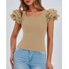 imagePRETTYGARDEN Womens Ruffle Short Sleeve Shirts 2025 Summer Casual Basic Tee Cute Fitted Crew Neck Fashion Tops ClothesKhaki