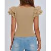 imagePRETTYGARDEN Womens Ruffle Short Sleeve Shirts 2025 Summer Casual Basic Tee Cute Fitted Crew Neck Fashion Tops ClothesKhaki