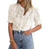 imagePRETTYGARDEN Womens 2025 Spring Lace Tops Short Puff Sleeve Casual Dressy Blouses Eyelet Crew Neck Button Down ShirtsBeige