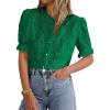 imagePRETTYGARDEN Womens 2025 Spring Lace Tops Short Puff Sleeve Casual Dressy Blouses Eyelet Crew Neck Button Down ShirtsDark Green