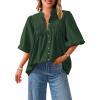 imagePRETTYGARDEN Womens 2025 Summer Short Lantern Sleeve Tops Loose Fit Button Down Shirt Pleated V Neck Blouses Trendy ClothesDark Green